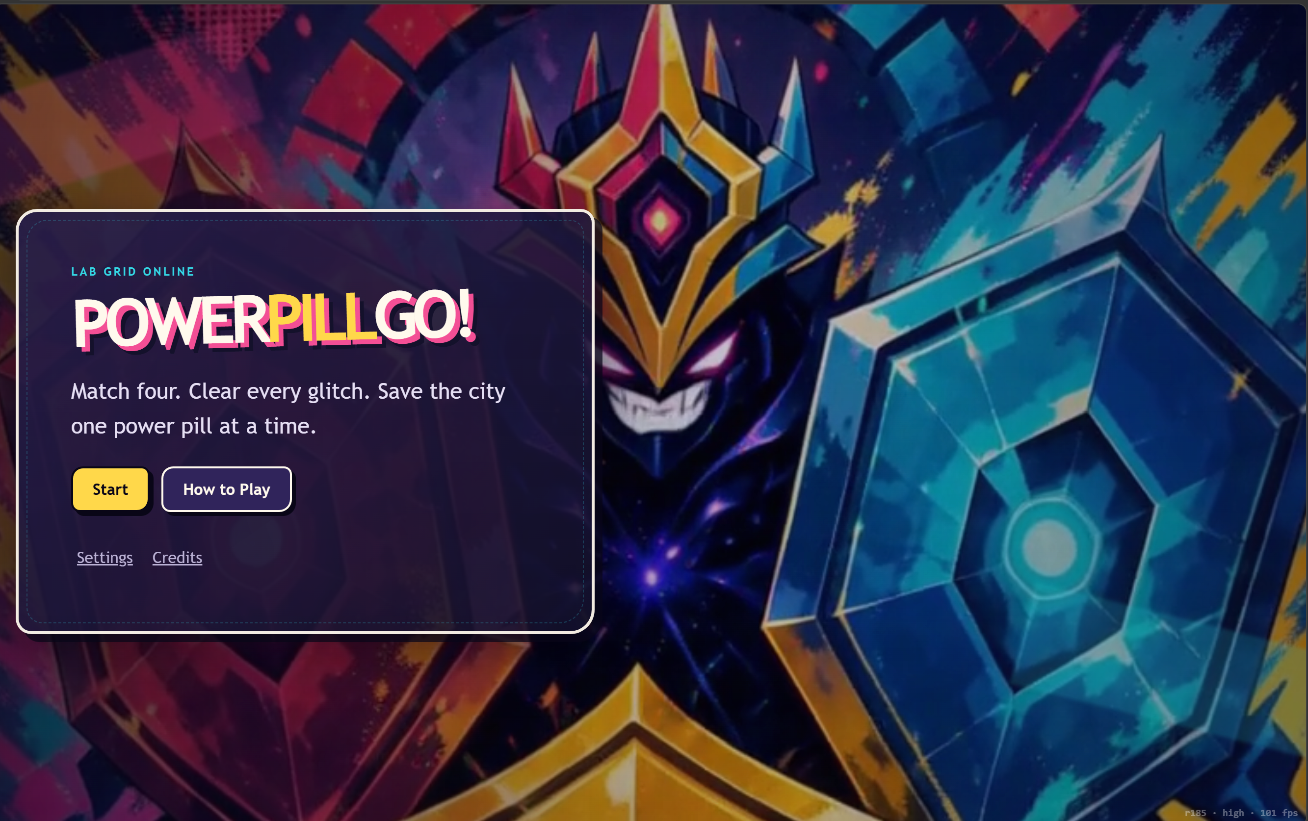 PowerPillGo! title screen with its glowing laboratory, bold painted logo, and animated villain backdrop.