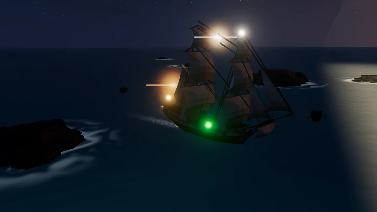 A merchant brig under full sail at night, its stern lantern glowing and its green starboard light lit, crossing dark water near a reef.
