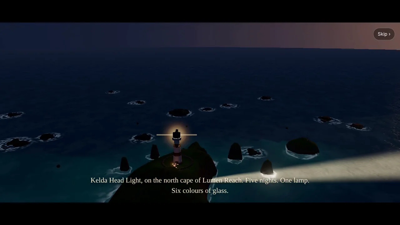Kelda Head seen from the sea at night: the lighthouse on its cliff above a dark cove, with the beam sweeping across the water and sea stacks in the foreground.