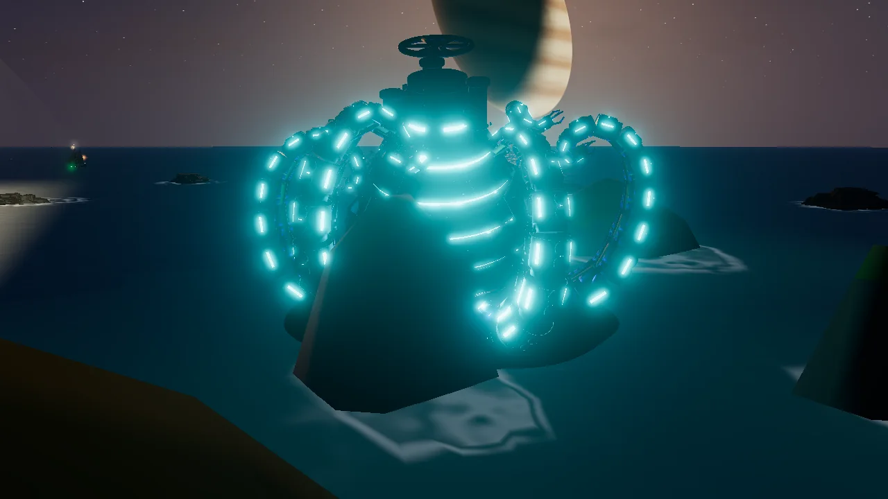 The Glassmire Kraken, a brass and iron machine with glowing cyan bands, rises from the sea off the reefs with its tentacles curled.