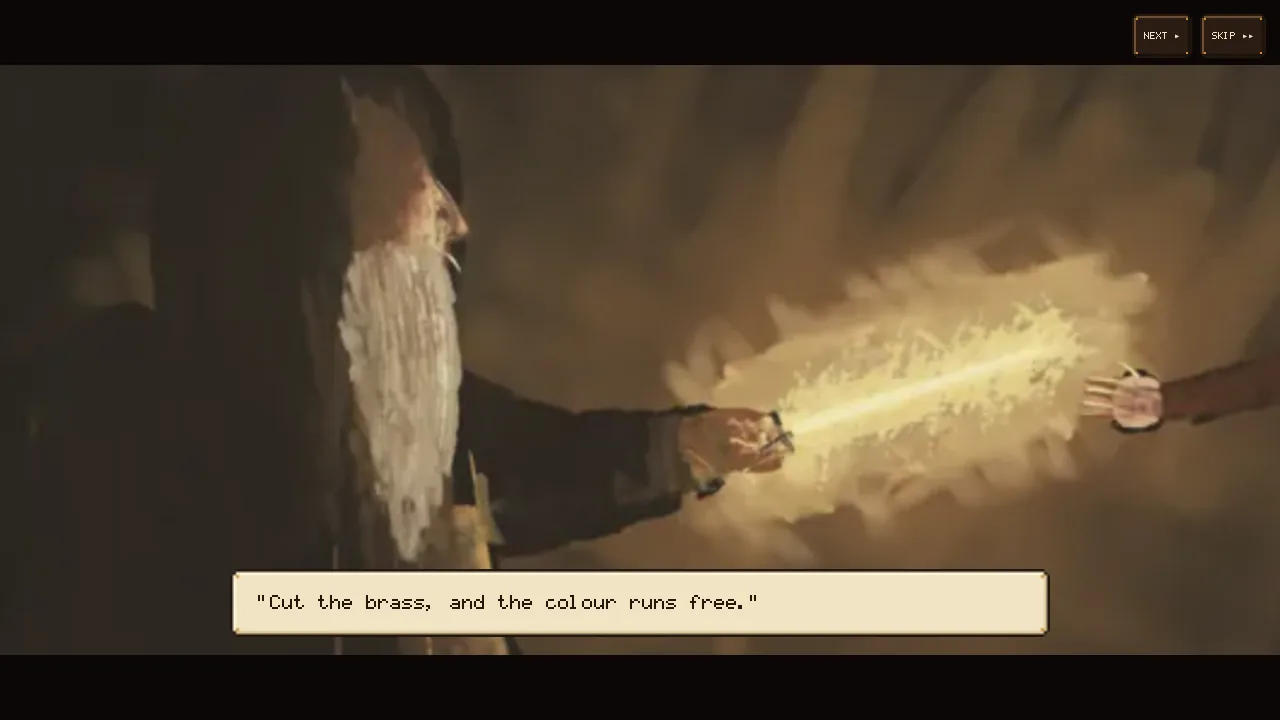 A cut-scene frame painted in oils: the white-bearded hermit hands over the blazing Ion Cutter, with the parchment caption: Cut the brass, and the colour runs free.