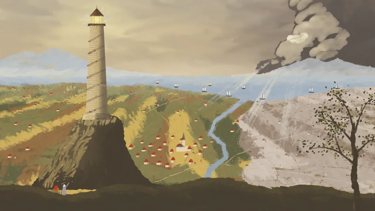 An oil painting of a spiral relay tower on a crag above a Bruegel valley of red-roofed villages, fields and a winding river; the right third of the land has been drained to brown-grey grisaille, with tiny brass machines along the edge.