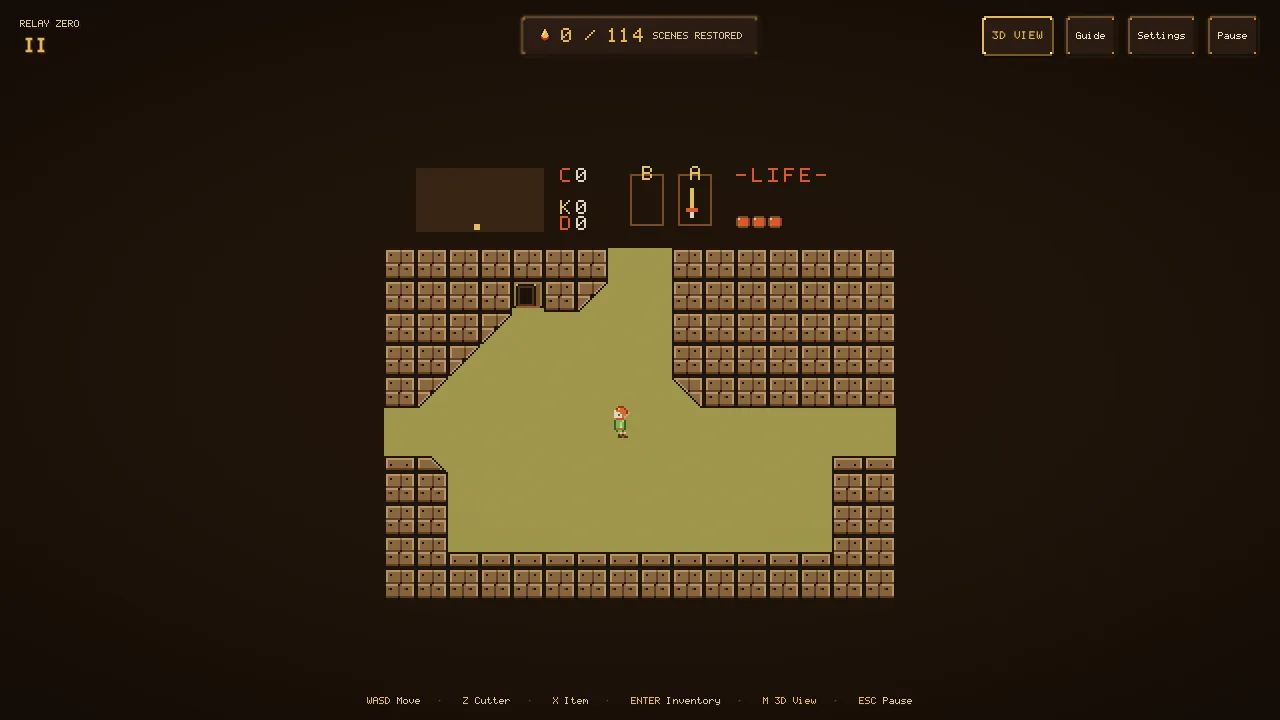 The playable 2D map in an earth palette: ochre field, umber rock walls and the small wood-elf sprite.