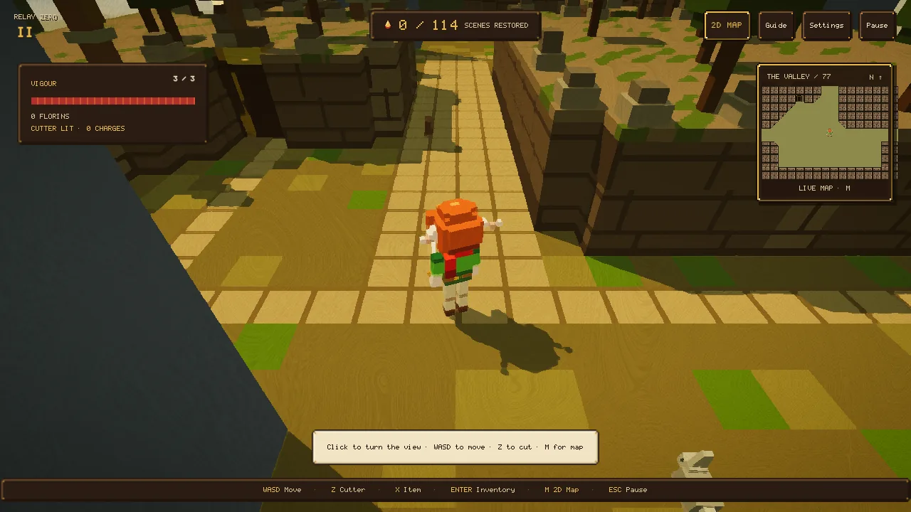 The wood-elf apprentice, copper-haired in a green tunic and crimson scarf, walks a sunlit stone path through the restored starting valley, built from voxels and finished with oil-paint brushwork.