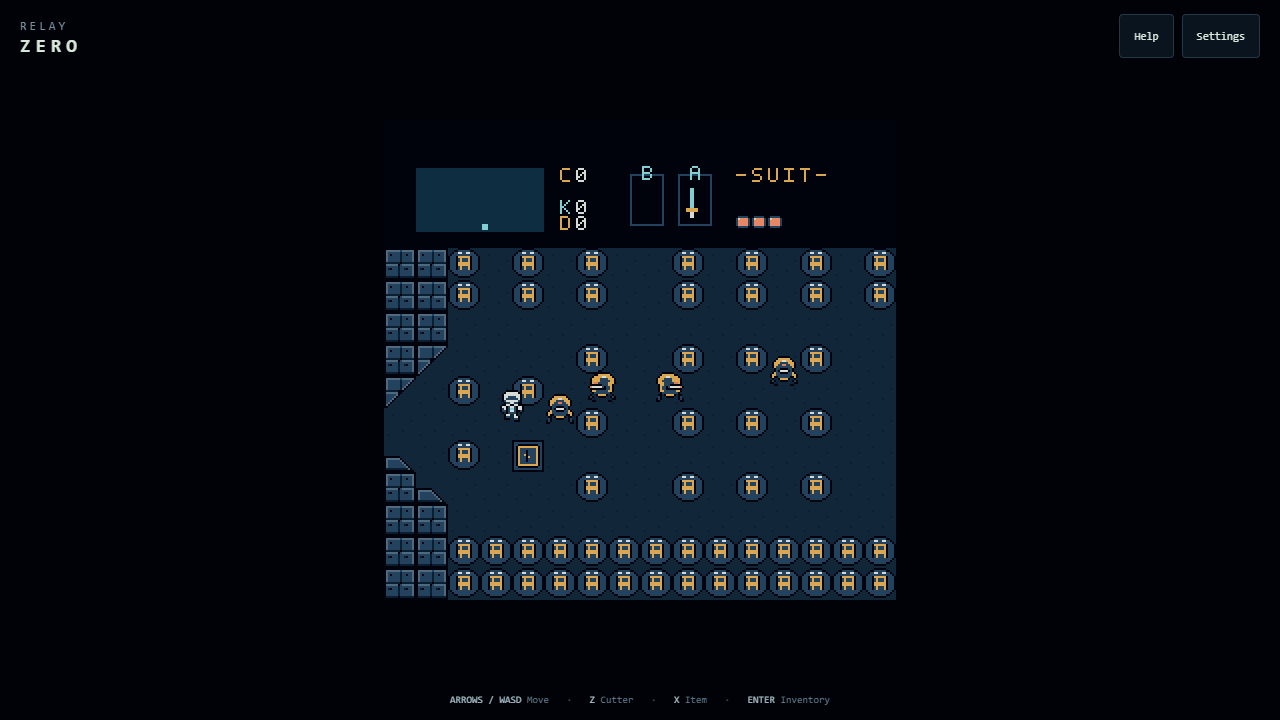 An explorer faces robot patrols among the blue metal walls of Relay Zero's colony.