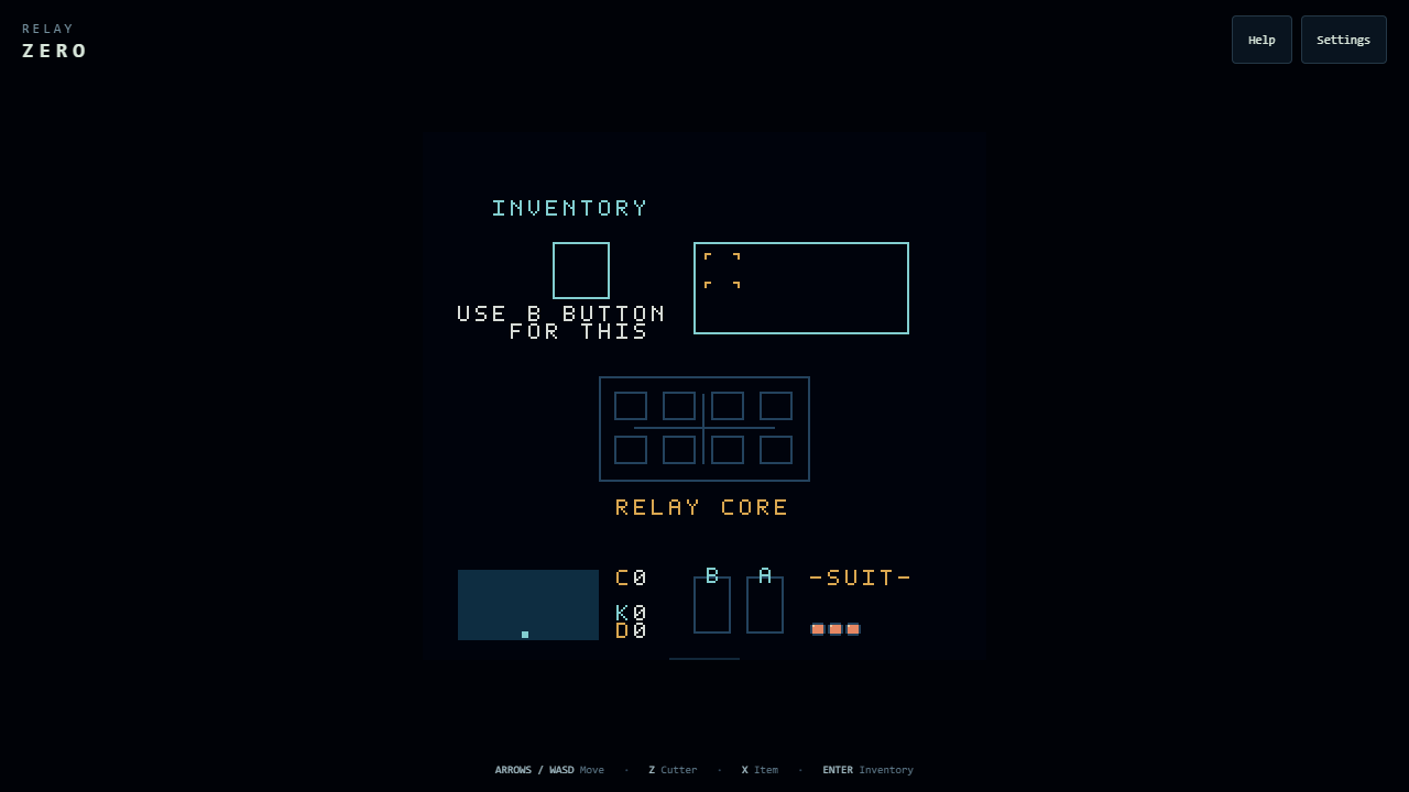 The starting inventory with an empty tool selection area and relay core slots above the suit display.