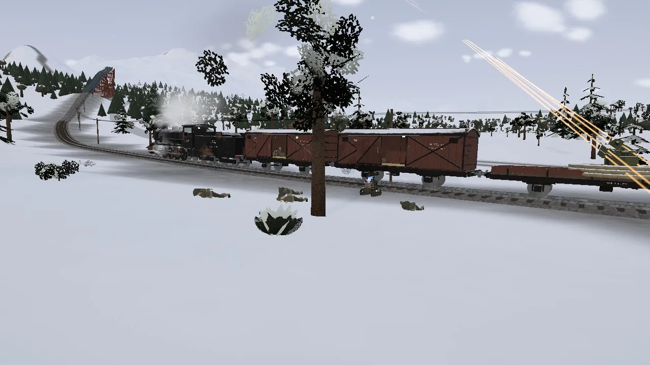 The troop train stopped dead in open snowy country, steam at the engine, with soldiers lying flat in the snow beside the track and tracers in the sky.