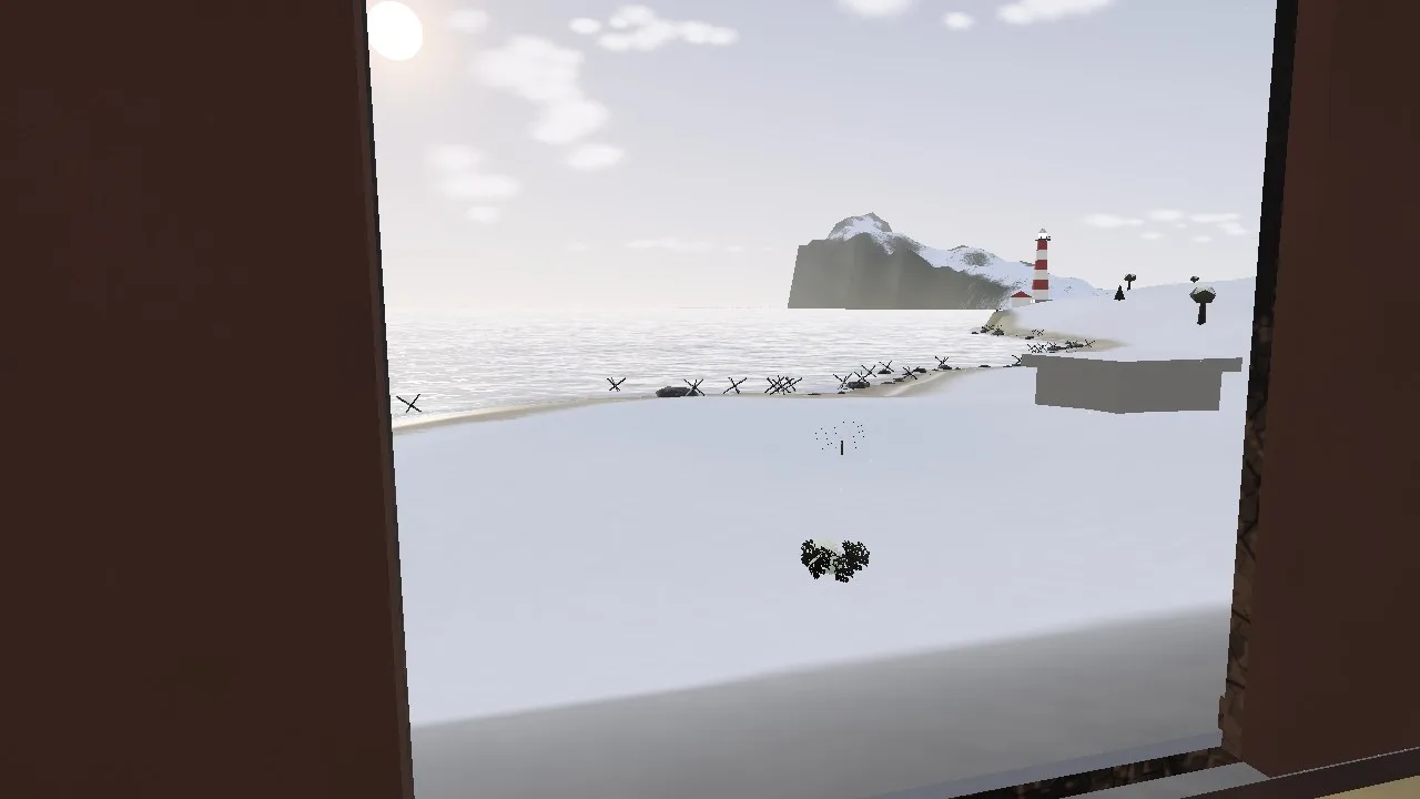 The view from the open boxcar door: a snowy beach lined with steel anti-tank obstacles and a concrete bunker.