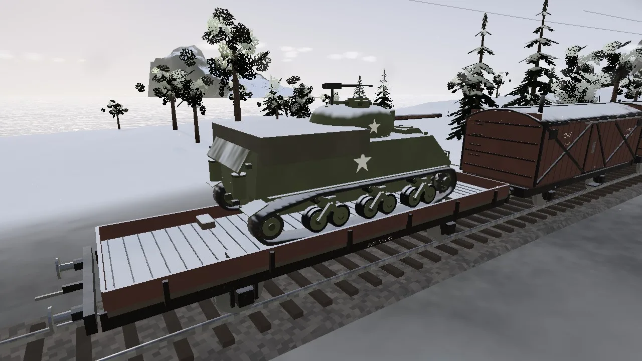 A Sherman tank riding on a flatcar at the back of the train, with snow on its hull.