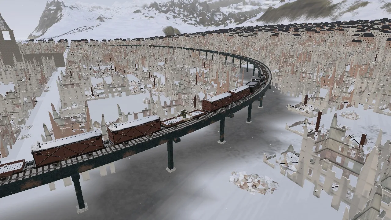 The troop train crosses an elevated line through a city of roofless, snow-covered ruins.