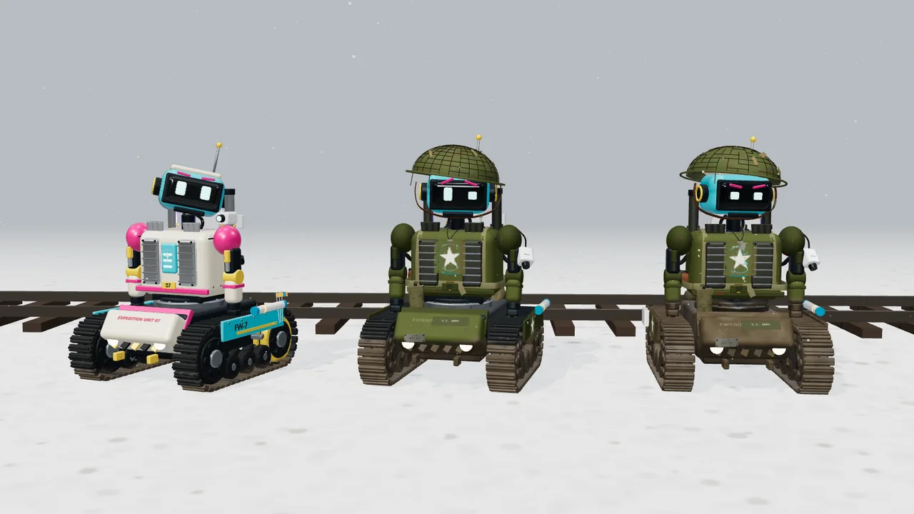 Seven, a small olive-drab robot on treads, in a steel helmet strapped under his chin, with a pack, a canteen and a cracked violet time module on his back.