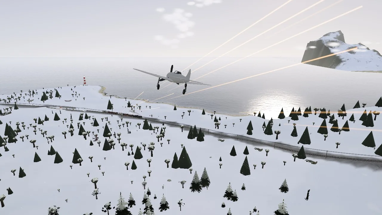 A German fighter pulls away from the train over snowy country while orange tracers from the flak car chase it.