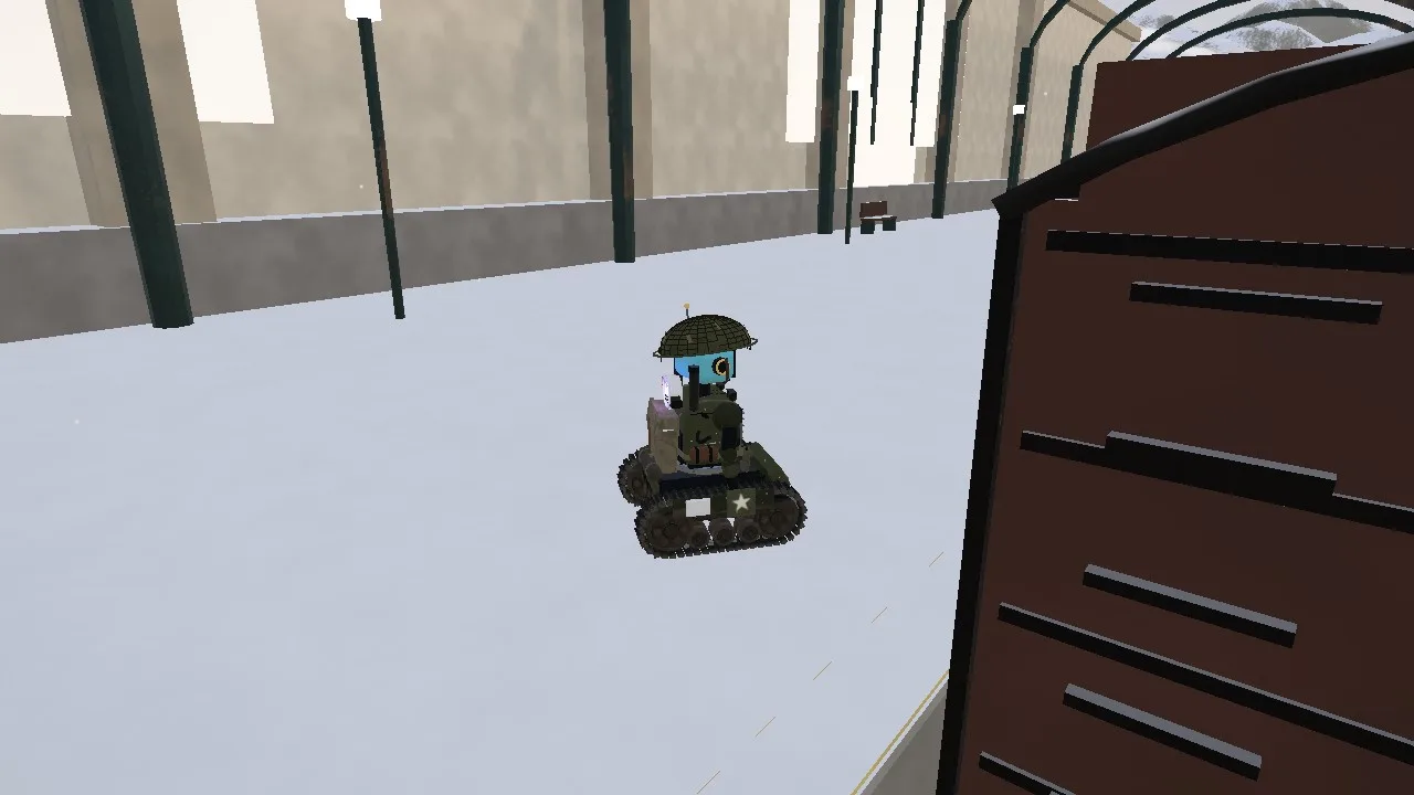 Seven, in an Army helmet, waits on the snowy platform at Le Havre beside a brown French boxcar.