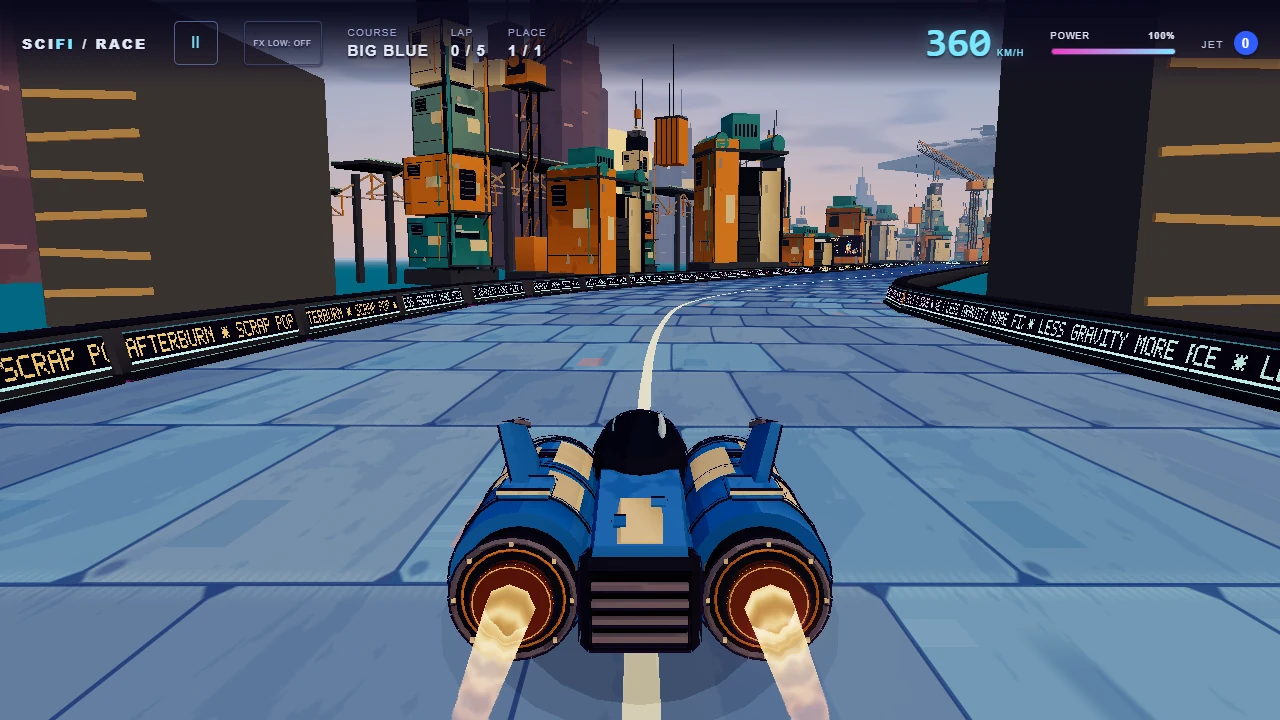 A hovercraft follows Big Blue's blue track through a flooded industrial setting.