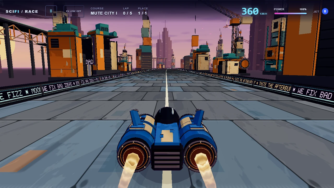 A blue hovercraft races along Mute City's raised track between industrial towers.