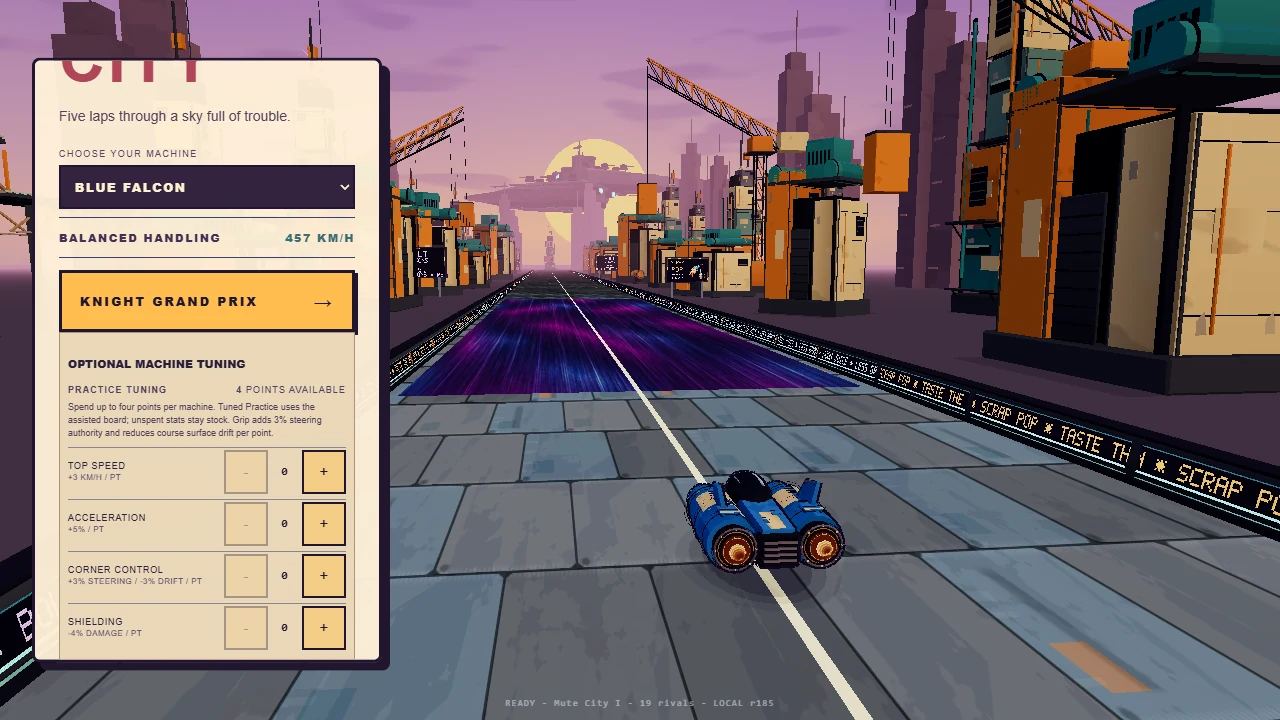 The machine selection menu with four available tuning points for speed, acceleration, corner control, and shielding.