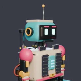 Seven, a small robot with a teal head and two glowing rectangular eyes.