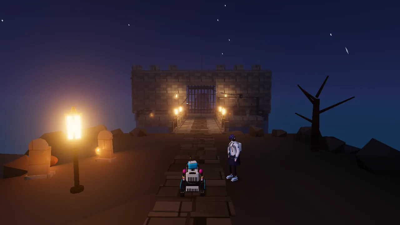 Seven and Rosie on the stone bridge to the Gatehouse at night, lanterns burning either side of the iron gate.