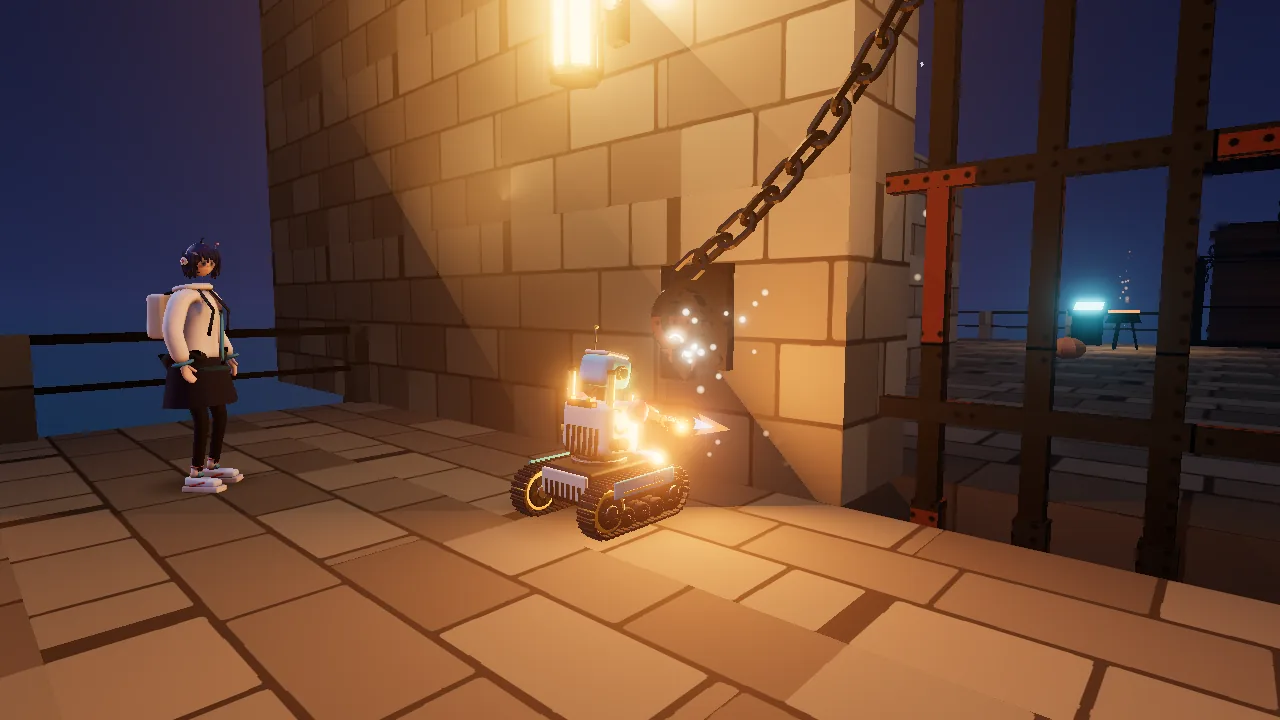 Seven, a small tracked robot with a cutting torch on one arm, sparks flying from a glowing shackle on a stone wall, with Rosie in a headset and pink jacket watching from beside a lantern.