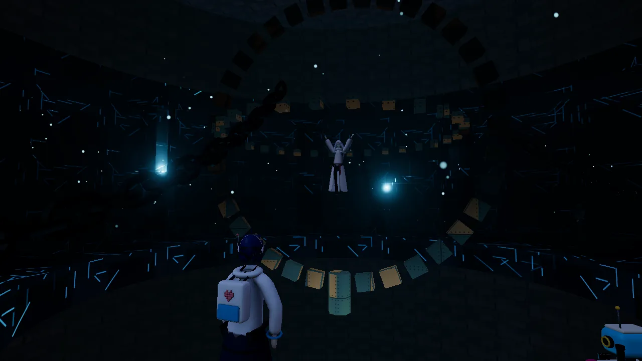 The bottom of the prison: a dark ring floor around a pool of cold blue light, with the Astronomer hanging above it in chains.