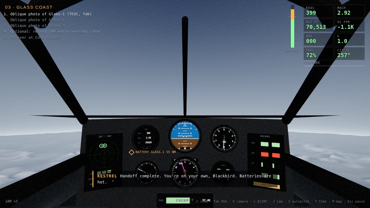The front cockpit with live attitude, altitude and engine gauges, looking out at a dark blue sky.