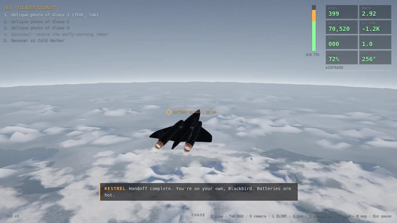 The Blackbird cruising above arctic terrain at 70,000 feet during the Glass Coast sortie.
