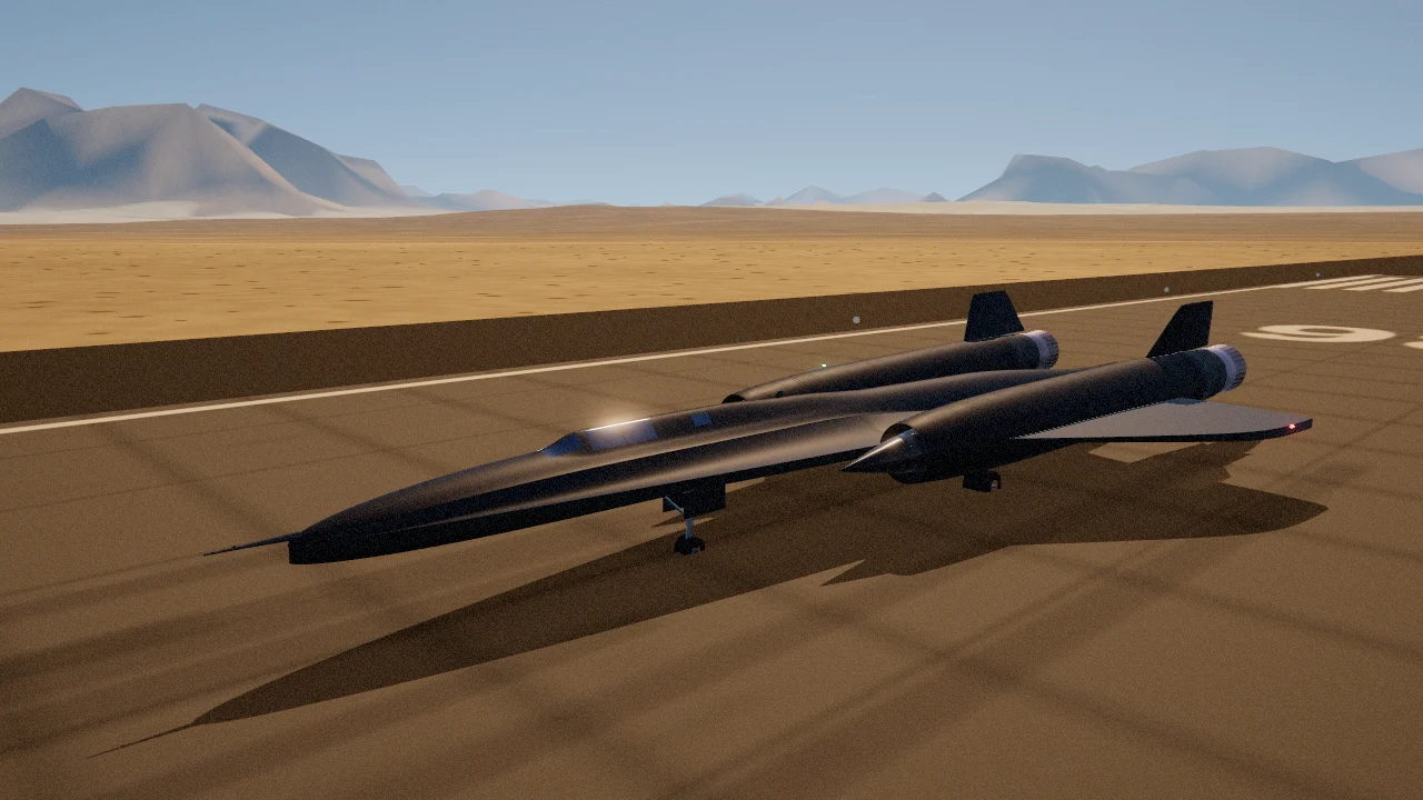 The Blackbird parked on a desert runway at midday, casting a long shadow, with afterburners lit.