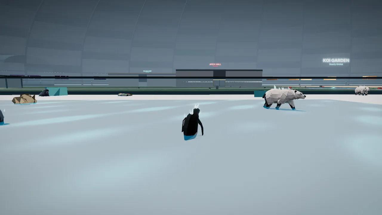 The ice of the Floe Shelf with a penguin in the foreground and a spiny white polar bear walking behind it.