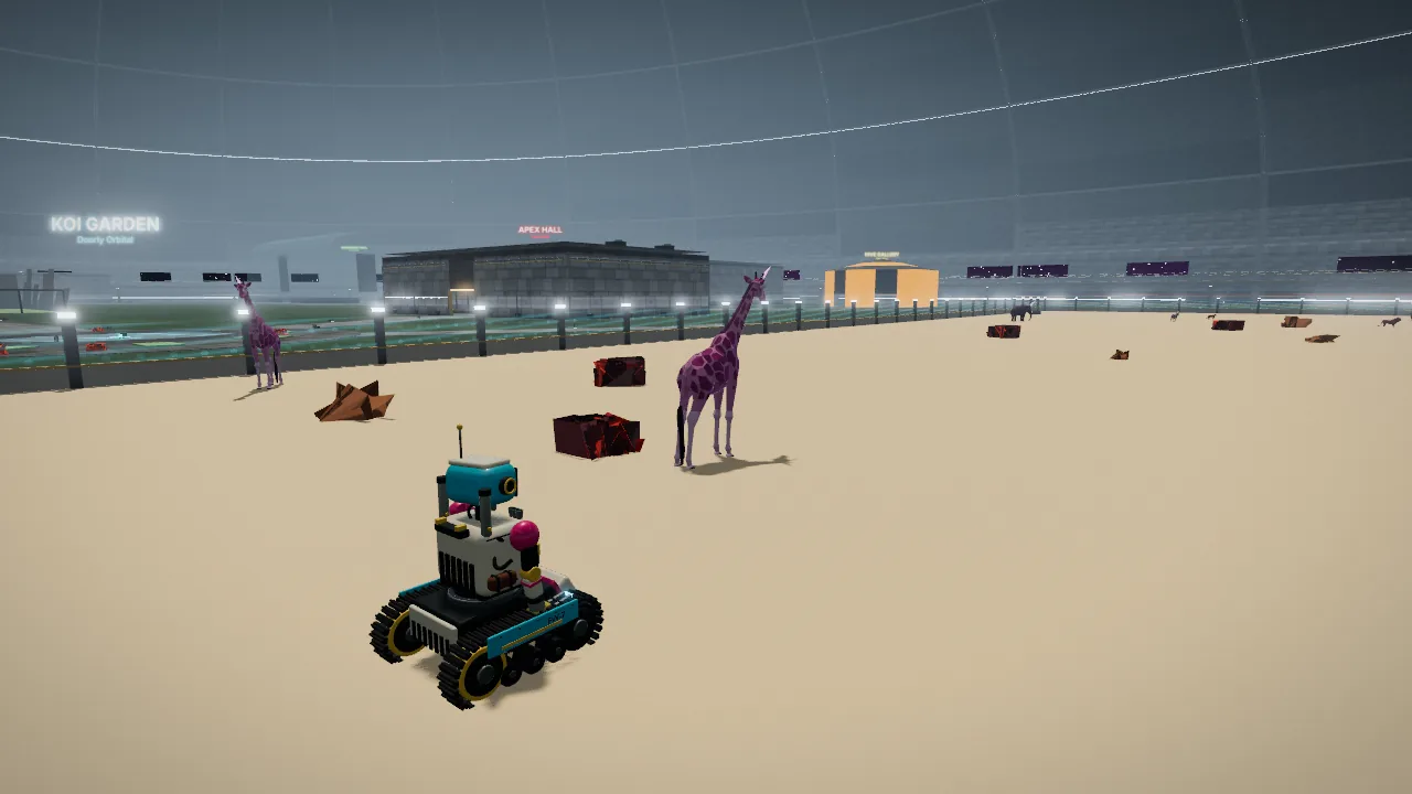 Seven, a small tracked robot with a teal head and glowing eyes, rolls across the pale sand of the Ombra Savanna while two violet spotted giraffes graze behind him under the curved roof of the station.
