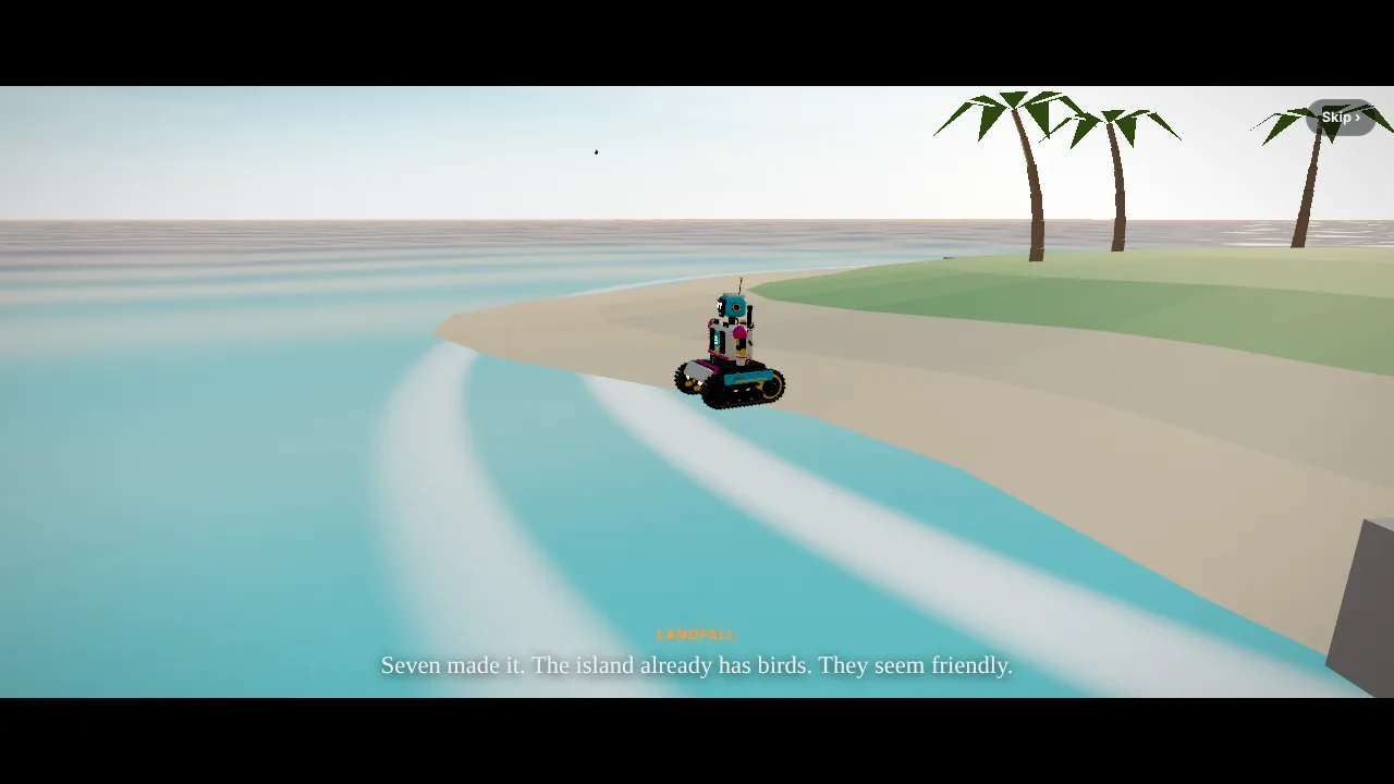 Seven sits on a pale beach at the edge of a turquoise sea, with palm trees on a green rise behind him.