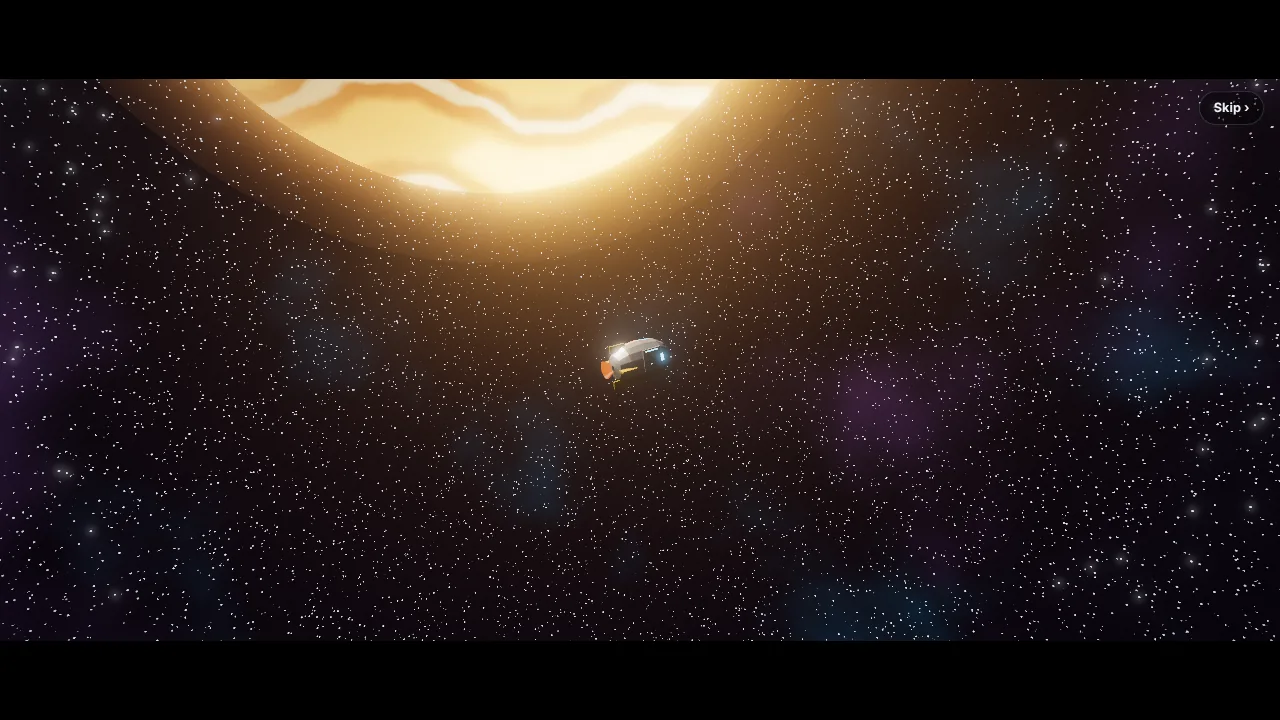 The escape pod flies away from the station under the banded orange curve of the gas giant Samhain.