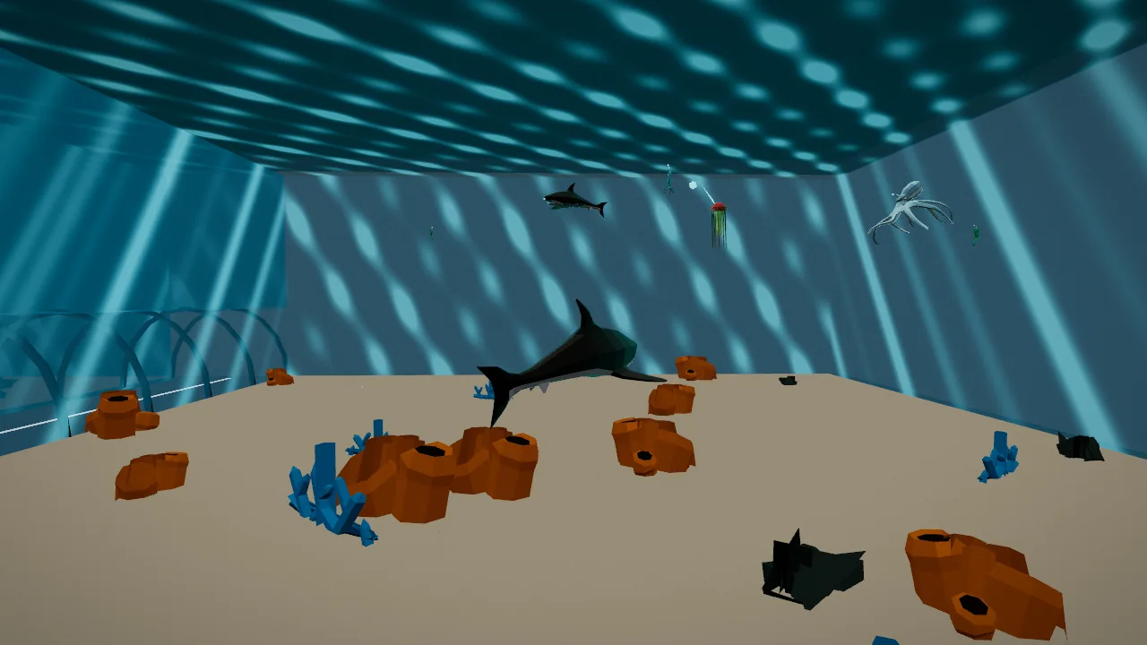 Inside the Pelagia Deep tank: a shark glides over orange and blue coral, caustic light ripples across the walls, and a glass tunnel arches across the left side.