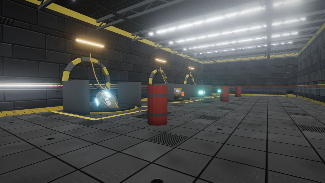Pod Bay C: launch cradles ringed in yellow and black, red fuel tanks, umbilical hoses hanging from a wall gantry to the last good pod, roof trusses with strip lights, and a plated deck with drains and grates.