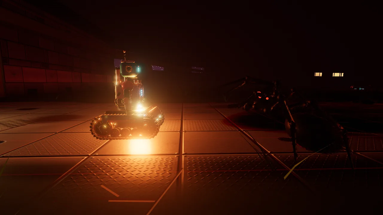 Seven on the dark red deck holding up a burning flare that lights the tread plates orange, while a giant hairy spider with glowing red eyes rears up beside him at the edge of the light.