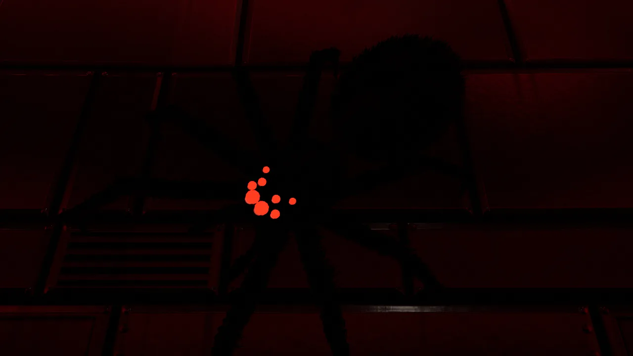 Looking up the chamber wall in the red emergency light: the black silhouette of a giant spider spread across the plating, with a cluster of glowing red eyes.