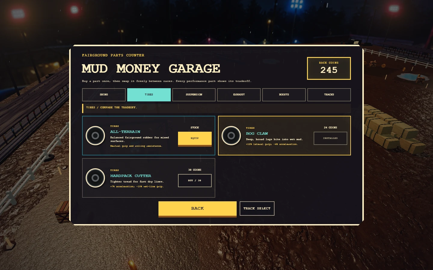 Mud Truck '99 garage showing race coins, paint choices, owned parts, prices, and equipment tradeoffs.