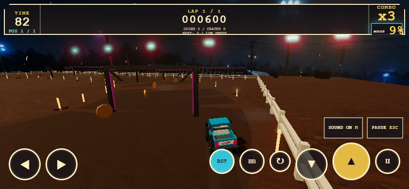 Mud Truck '99 running in phone landscape with steering, brake, boost, handbrake, reset, and pause controls.
