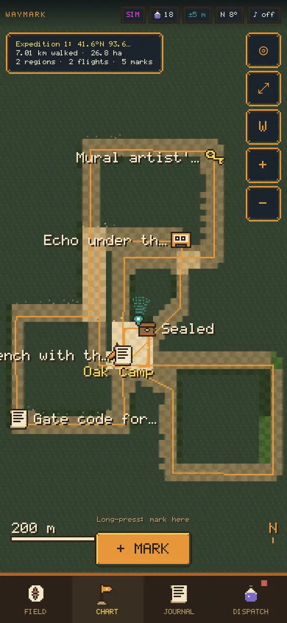 Pixel terrain revealed along walked streets, with an outpost and marks.