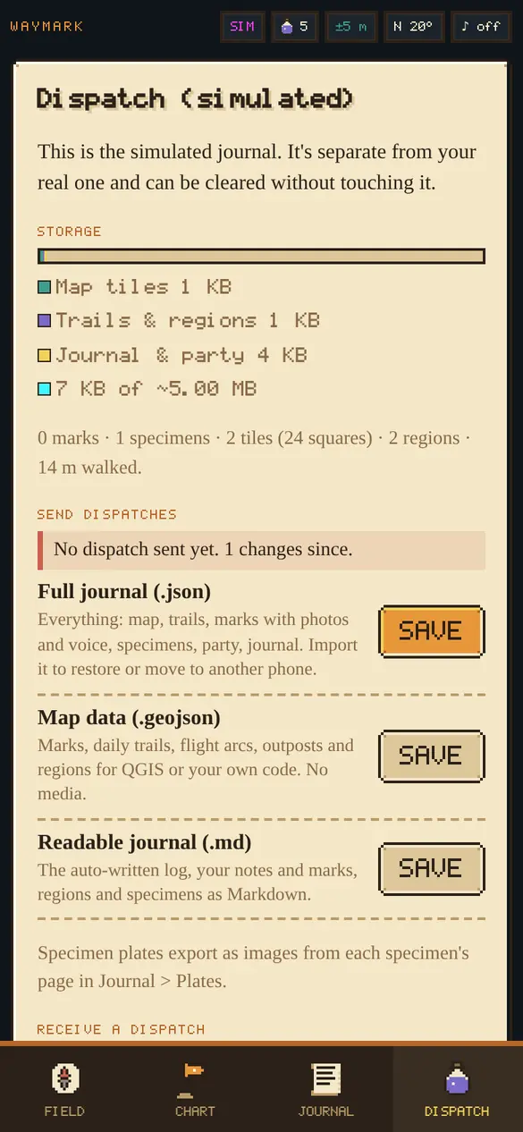 Dispatch page with a storage meter and export buttons.