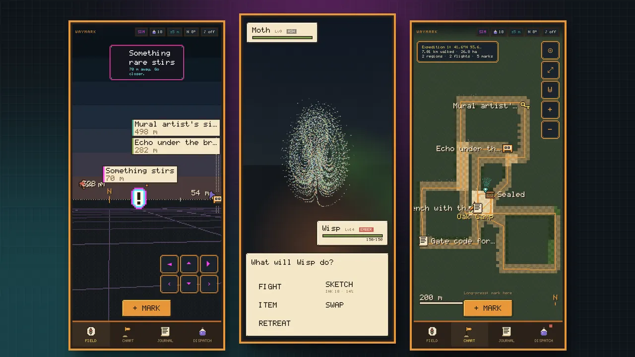 Three phone screens in pixel art: the field view with marks and a glitch marker over a dusk horizon, a construct made of scattered pixels in a turn-based battle menu, and a chart where walked streets are revealed as terrain through dark fog.
