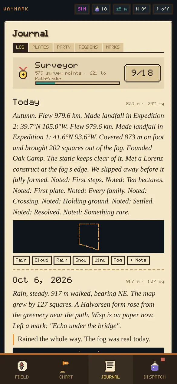 Journal log page with an auto-written day entry and a route sketch.