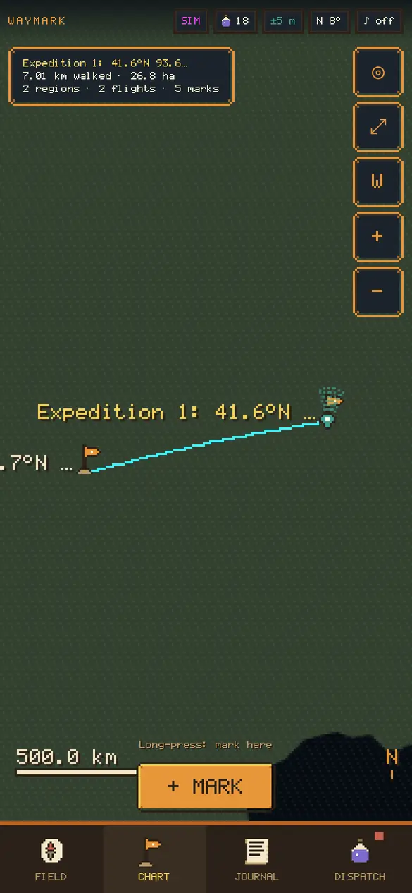 World view with two expeditions joined by a flight arc.