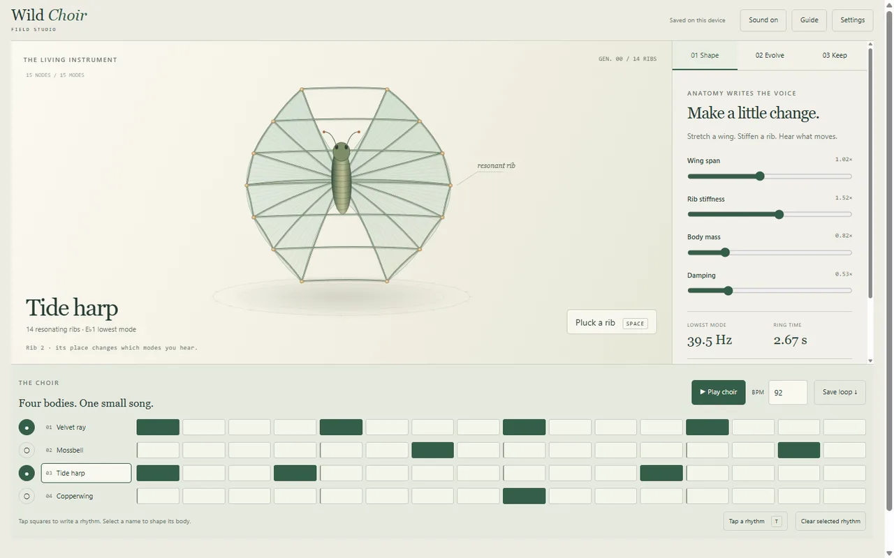 Wild Choir's paper-colored studio with a translucent ribbed specimen and controls for shaping its sound.