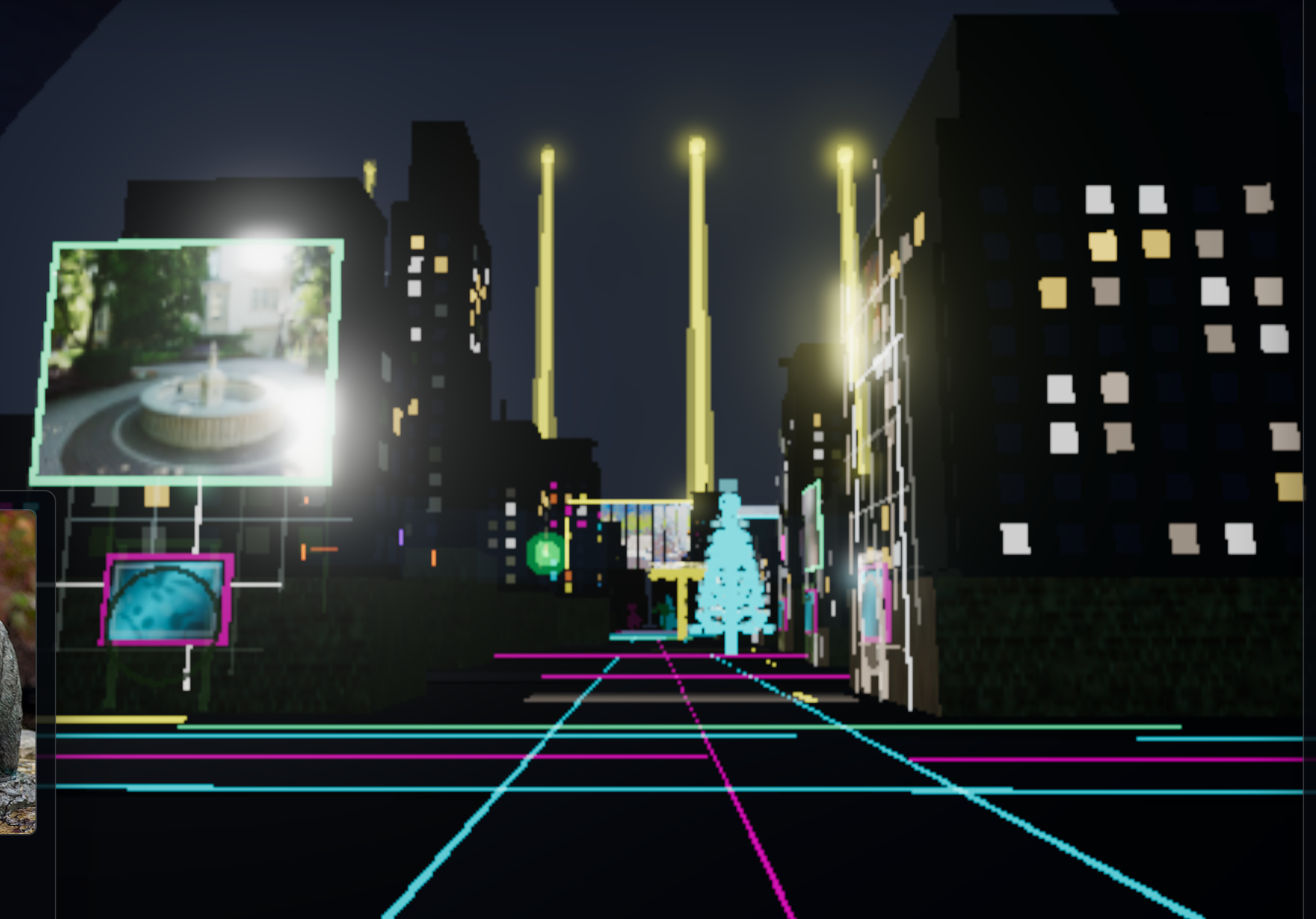 Paint Portal Public Art Gallery neon city with glowing paths, artwork-photo portals, and voxel skyline panels