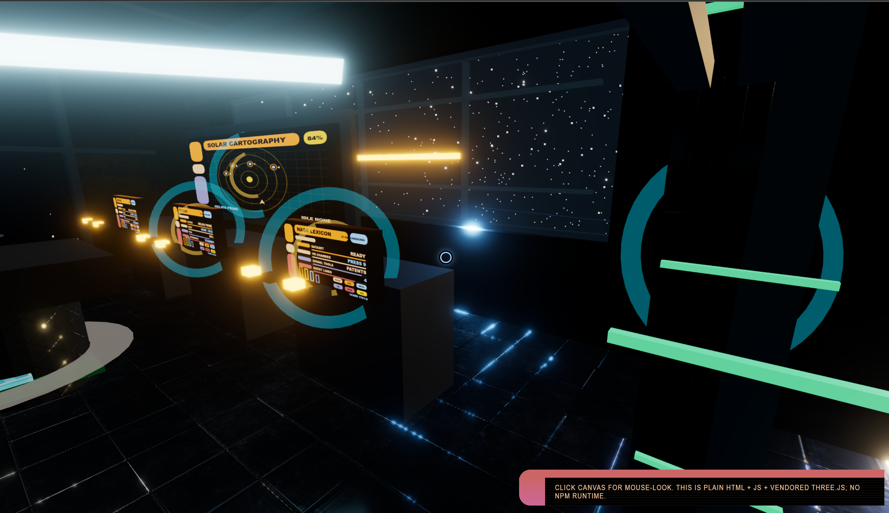 NASAPD starship bridge prototype with glowing floor panels, LCARS-style displays, and a NASA lexicon station