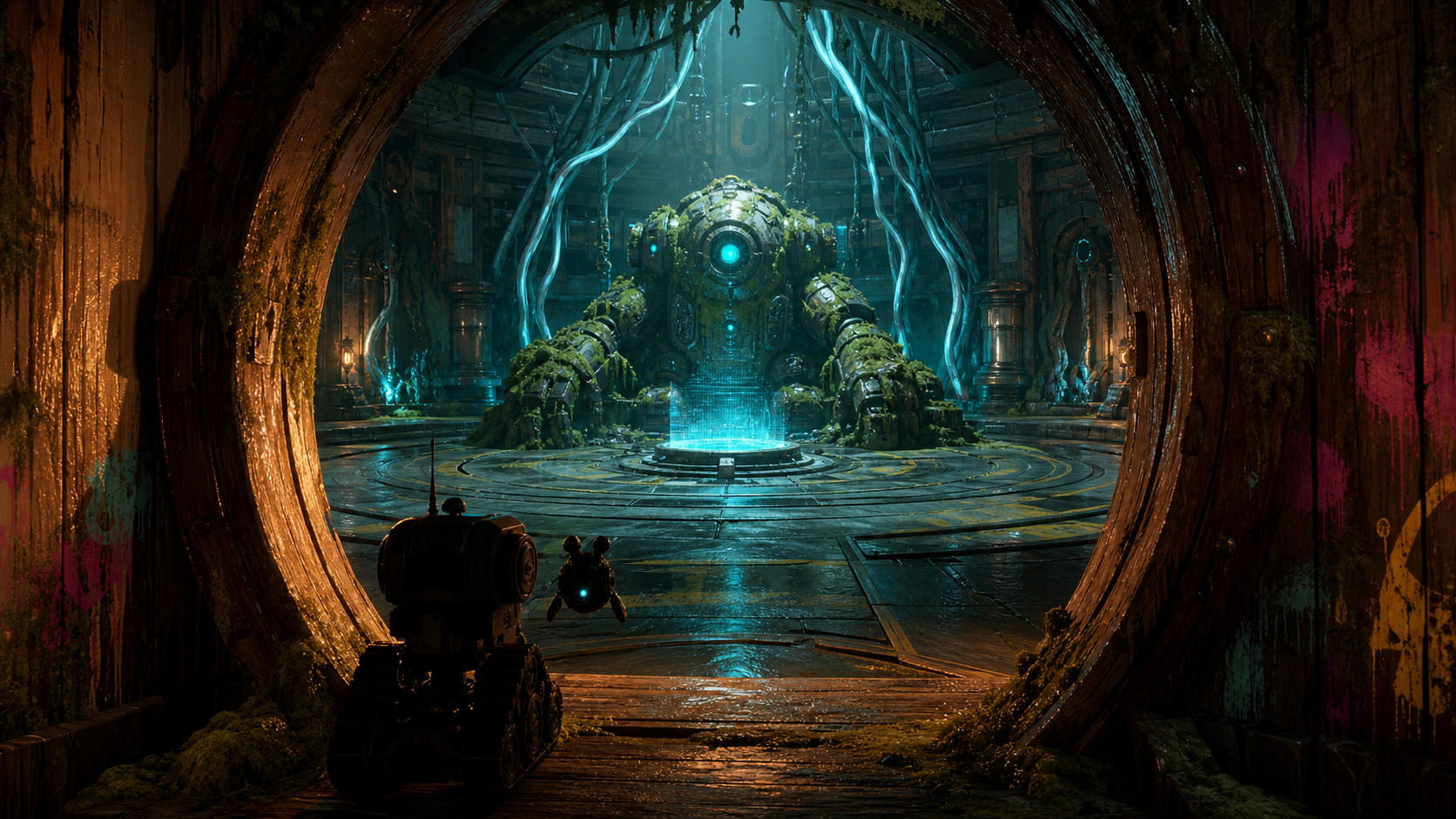 The Old Cedar doorway opens into Mossback's circular repair vault
