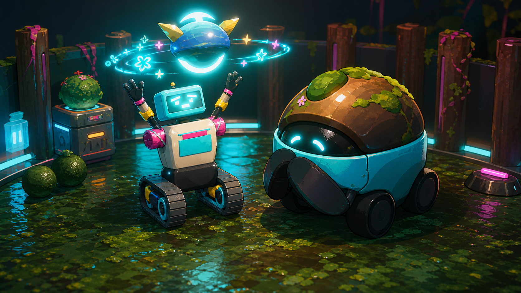 The happy field robot celebrates beside a repaired and sheepishly apologetic Mossback