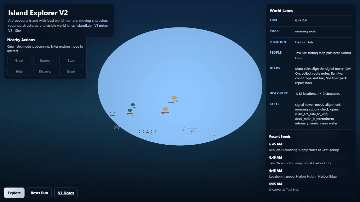 Island Explorer V2 with its world-state lanes around the simulated island.