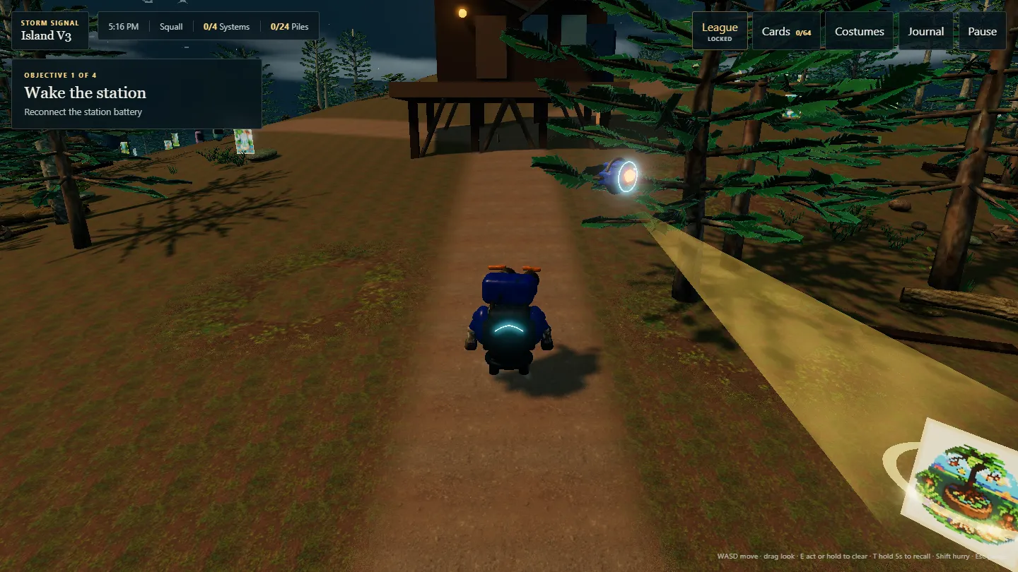 The explorer robot walking through the storm-damaged Island V3 forest.