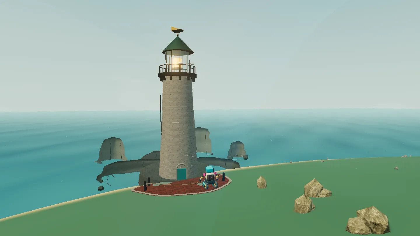 The Explorer Robot and Mote beside the Tidewatch Lighthouse in the Island V4.1 preview.